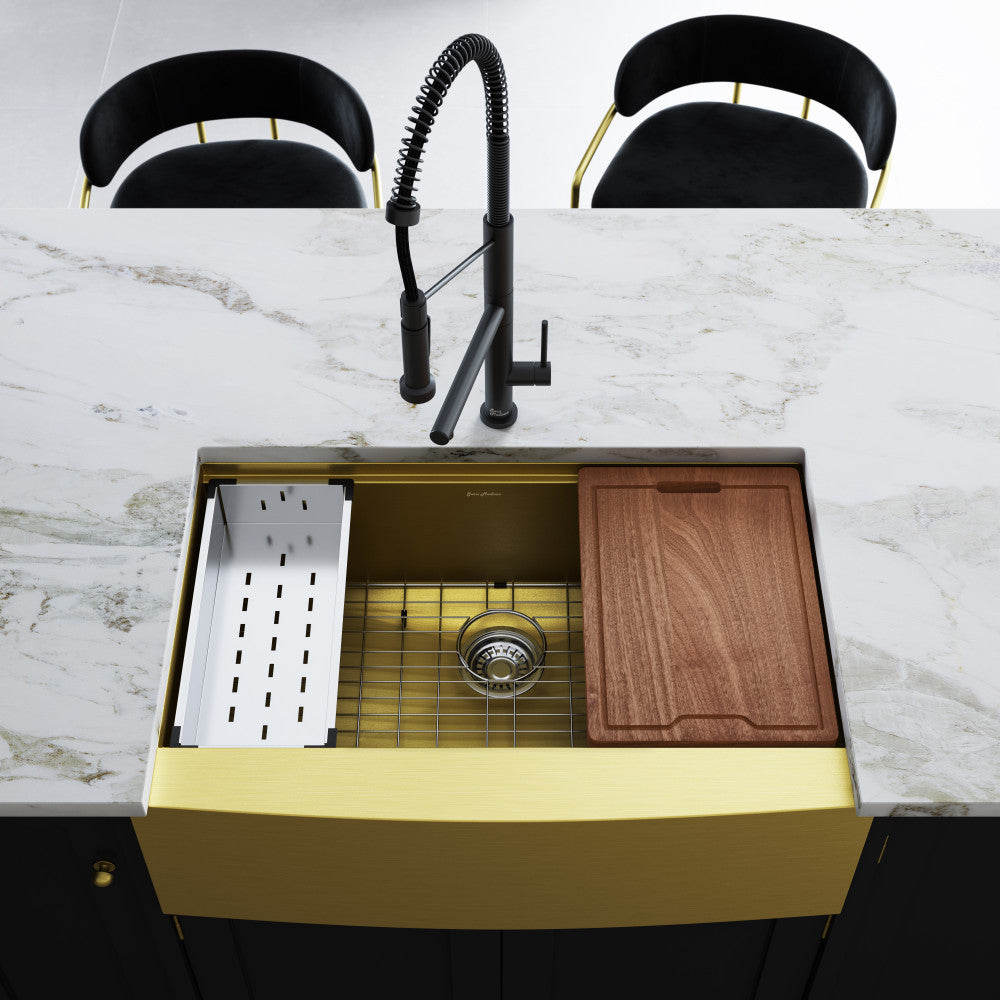 33x22 inch single basin farmhouse kitchen workstation sink in gold with apron front and accessories.