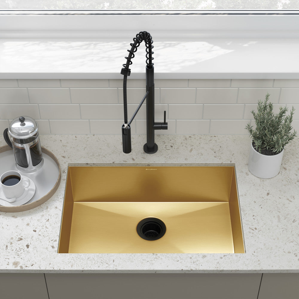 Single basin undermount kitchen sink in gold stainless steel, 26 x 18 inches.