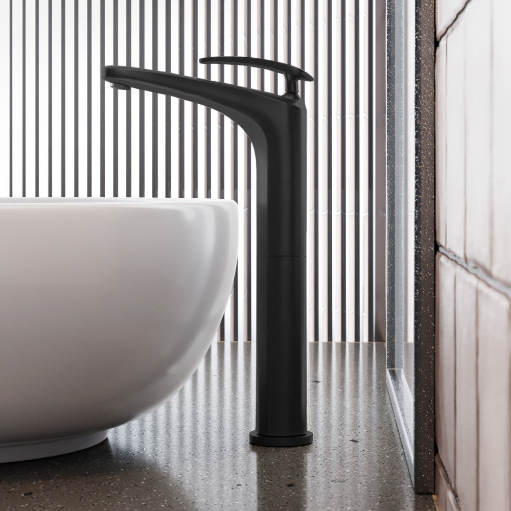 Single-handle high arc bathroom faucet in matte black with sleek, modern design and curved spout.