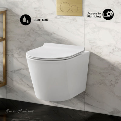 Calice Wall-Hung Toilet Bundle 0.8/1.6 GPF Dual Flush in Glossy White with Brass Flush Plate