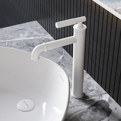 Single-handle bathroom faucet in matte white with high arc spout and sleek cylindrical design.