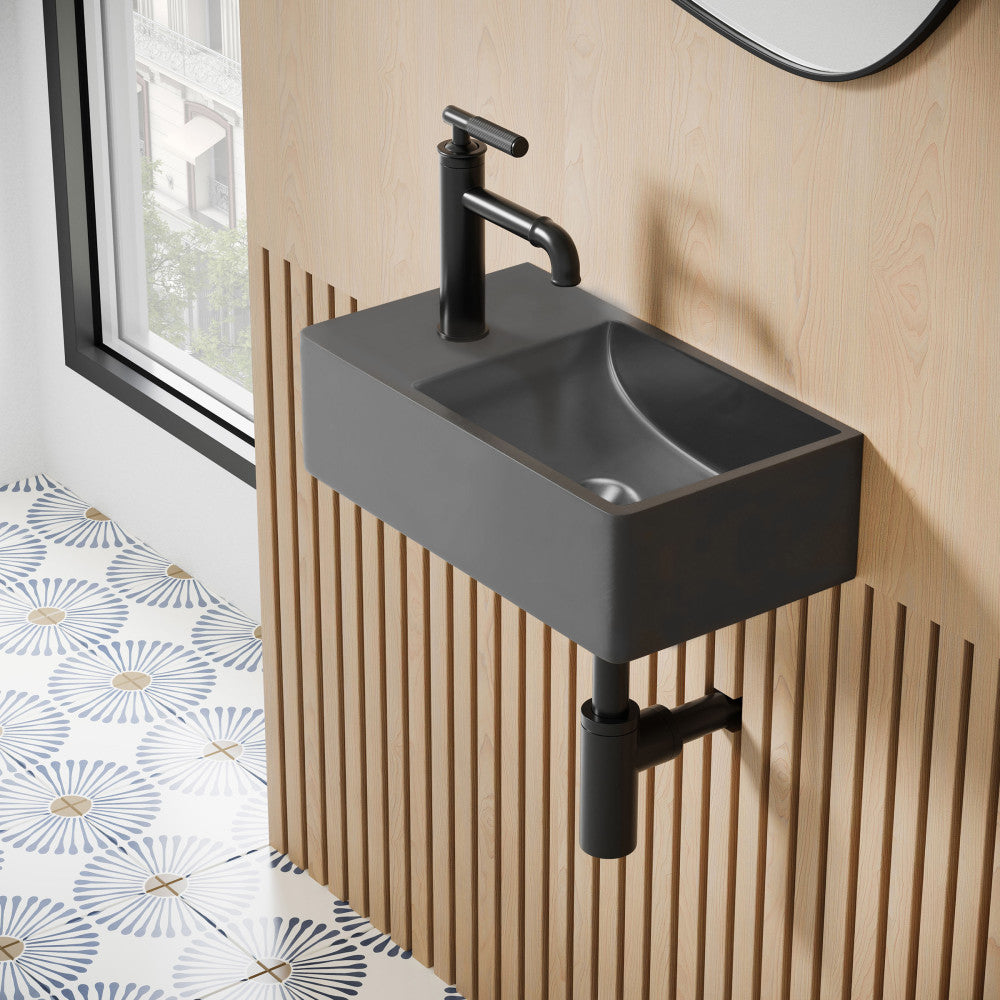 Lisse 16" Concrete Rectangle Wall-Mounted Sink with Left Side Faucet Mount in Matte Dark Gray