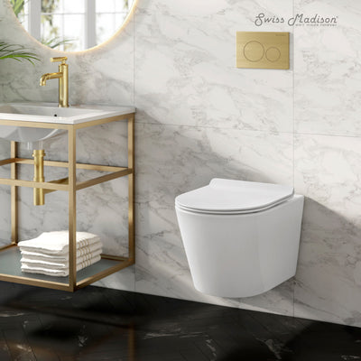 Calice Wall-Hung Toilet Bundle 0.8/1.6 GPF Dual Flush in Glossy White with Brass Flush Plate