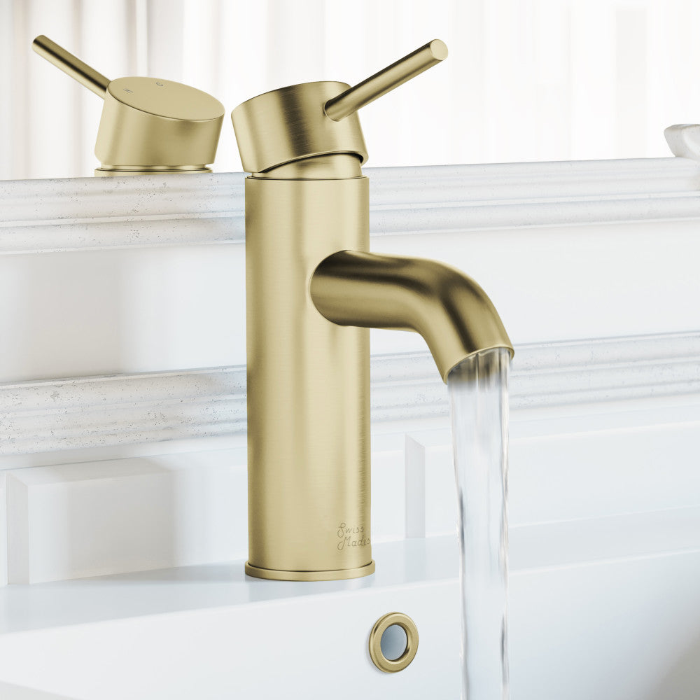 Single-handle bathroom faucet in brushed gold, Ivy collection, water flowing from spout.