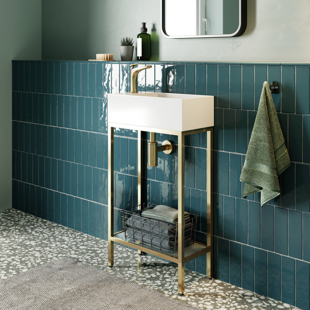 Pierre 19.5" Freestanding Bathroom Vanity with Open Shelf and Brushed Gold Metal Frame