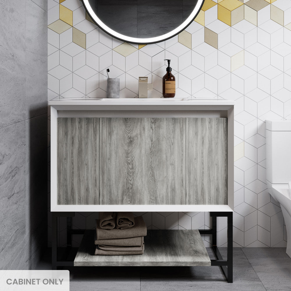 36-inch freestanding bathroom vanity cabinet in oak with soft-close sliding doors and metal legs.