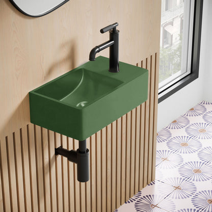 Lisse 16" Concrete Rectangle Wall-Mounted Sink with Right Side Faucet Mount in Matte Royal Green