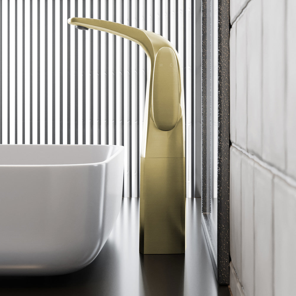 Single-handle high arc bathroom faucet in brushed gold, Chateau collection.