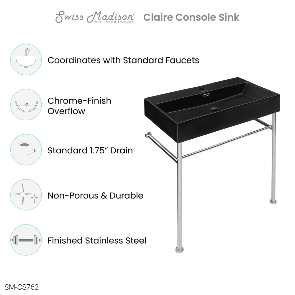 Matte black ceramic console sink with rectangular basin and chrome stainless steel legs.