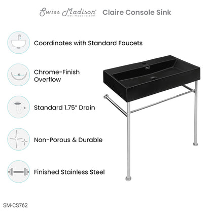 Matte black ceramic console sink with rectangular basin and chrome stainless steel legs.