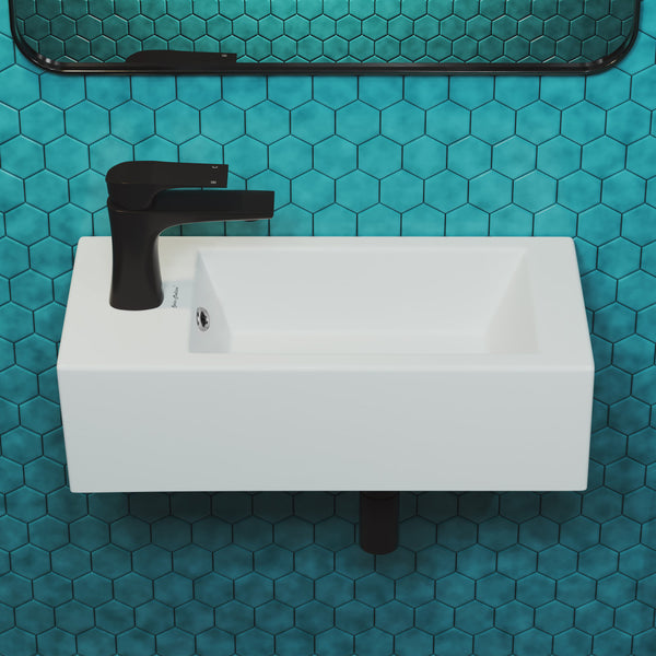 19.5 x 10 rectangular ceramic wall-hung sink with left side faucet mount in white porcelain.