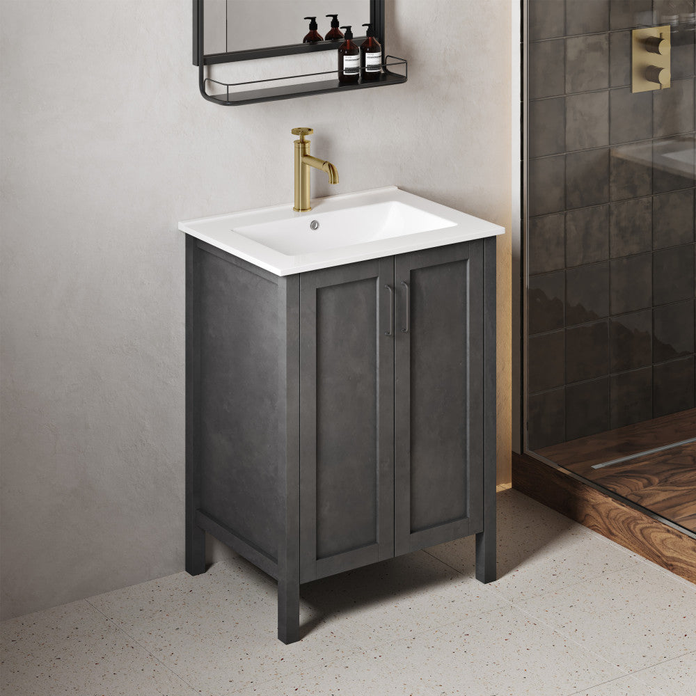 24-inch freestanding black bathroom vanity with white sink top and shaker-style doors.