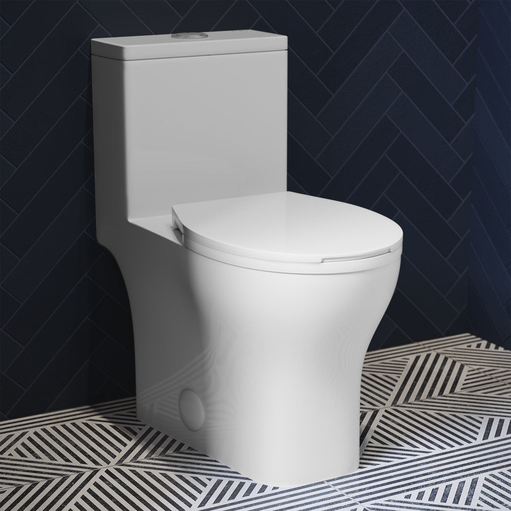 Round one-piece toilet with dual-flush system, compact design, soft-close seat.