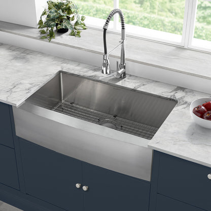 36x21 stainless steel farmhouse kitchen sink with single basin and apron front.