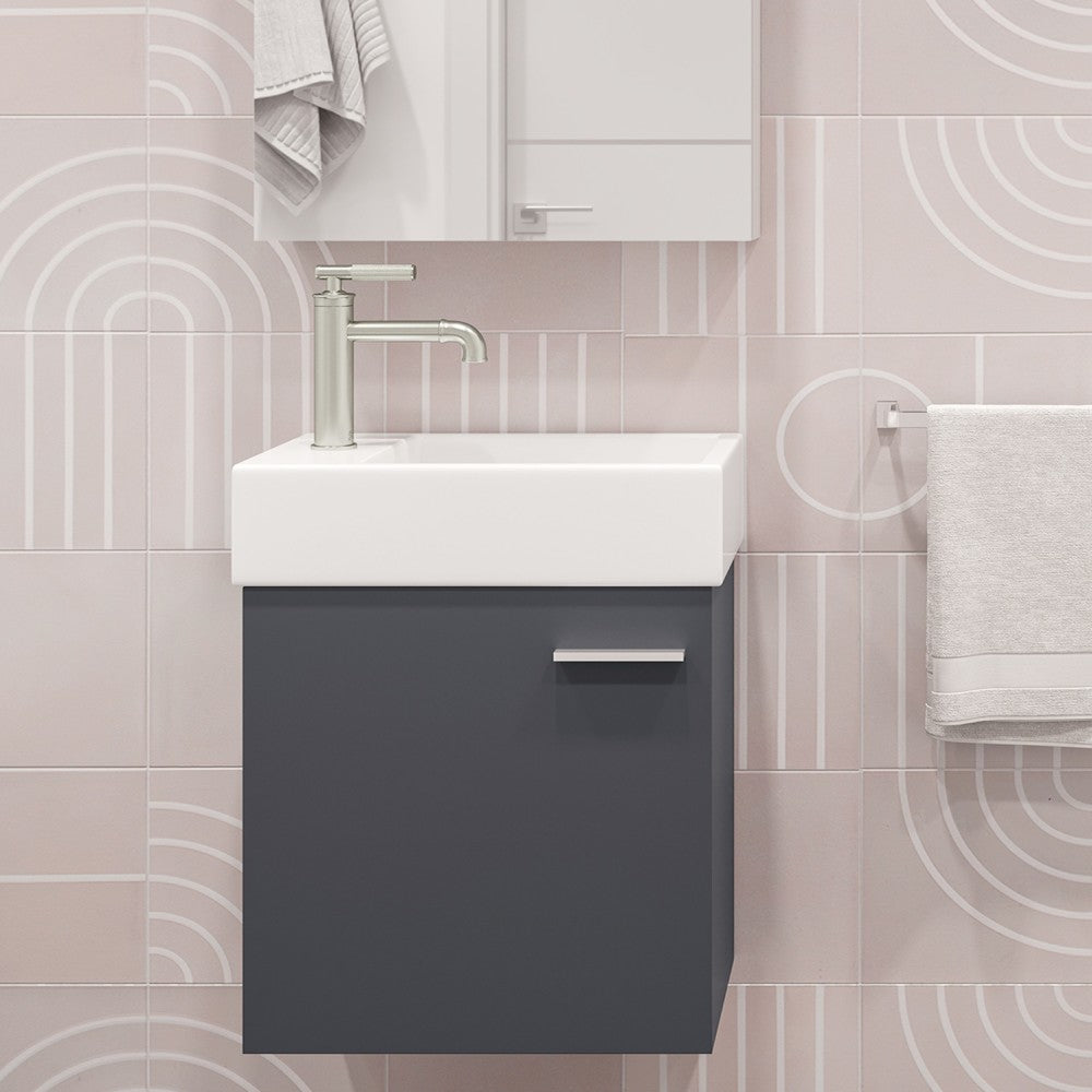18-inch wall-mounted bathroom vanity in slate with single sink and soft-close door.