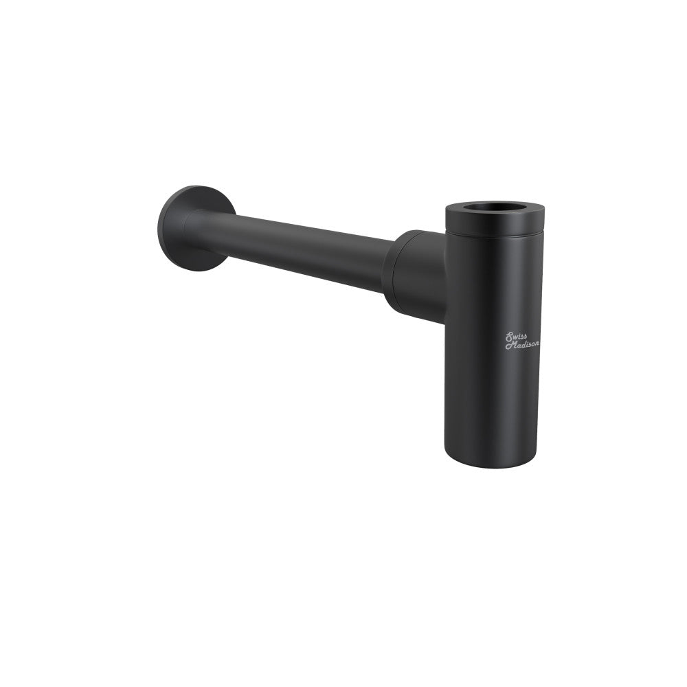Bottle trap drain in matte black, sleek cylindrical design, wall-mounted sink accessory.
