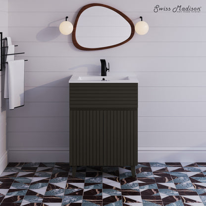 24-inch freestanding bathroom vanity in cedar gray with single sink and textured front panel design.