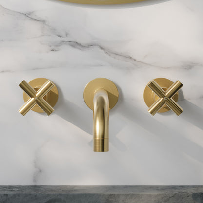 Ivy 8 in. Widespread Double Cross-Handle Wall Mount Bathroom Faucet in Brushed Gold