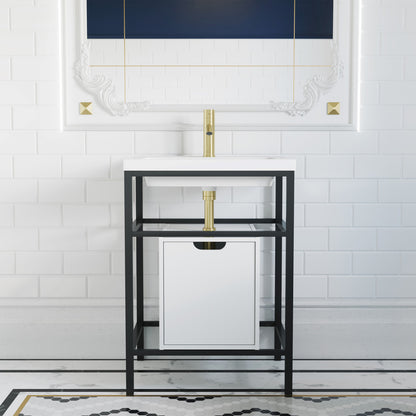 24-inch freestanding bathroom vanity in black, single sink, open-frame metal base with cabinet storage.