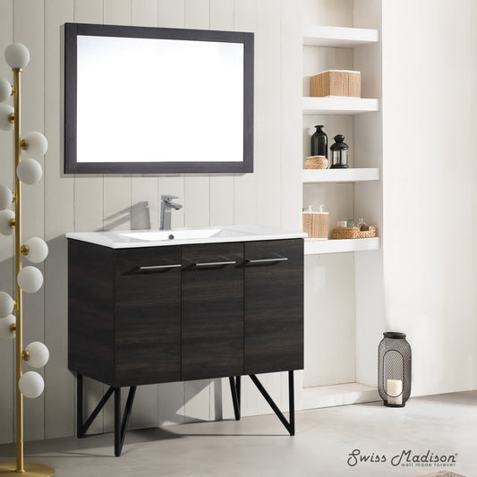 36-inch freestanding bathroom vanity in black walnut with single sink and sleek metal legs.
