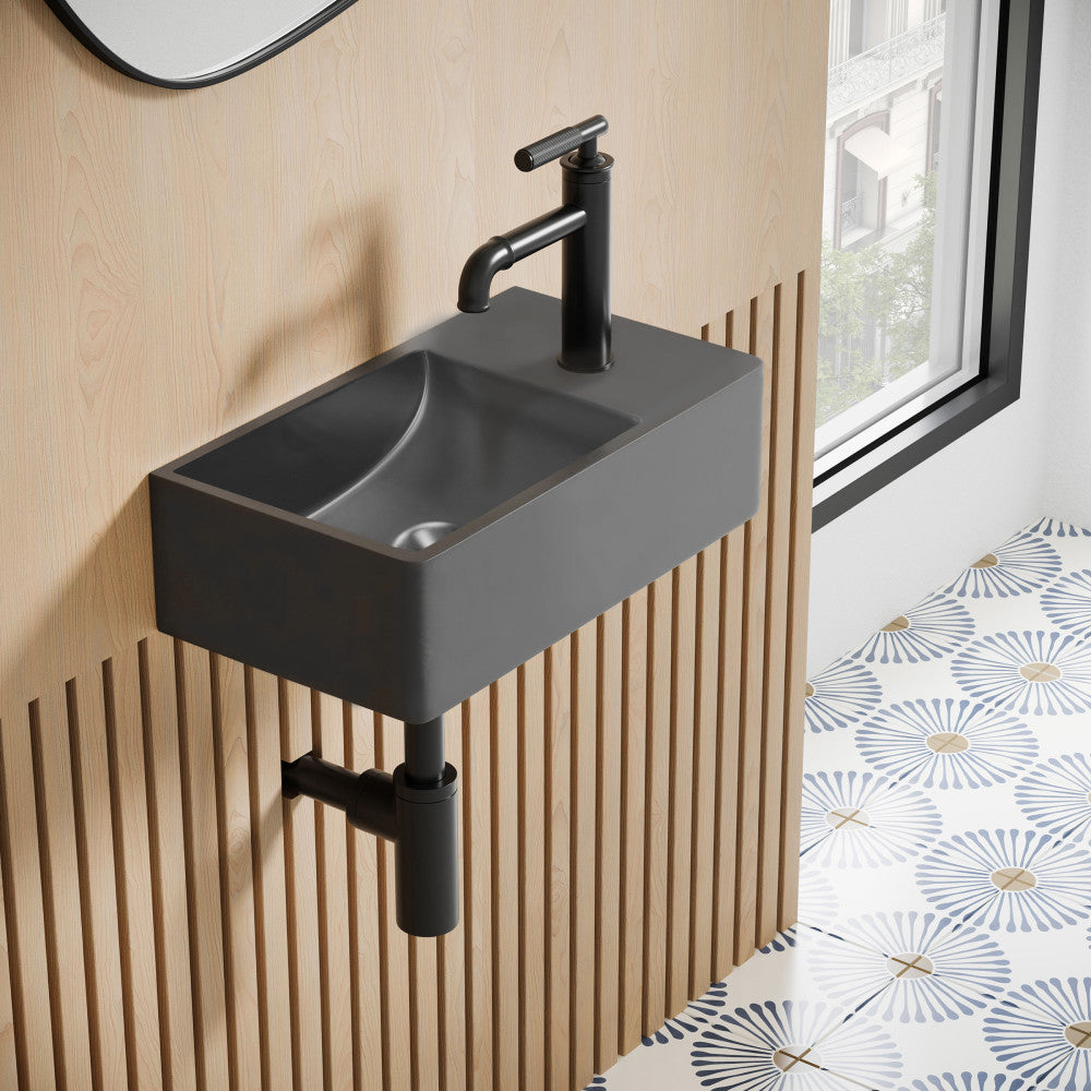 16" wall-mounted concrete bathroom sink in matte dark gray with right side faucet mount.