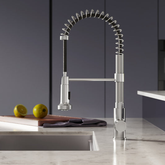 Single-handle pull-down kitchen faucet in brushed nickel with flexible coil spring spout.