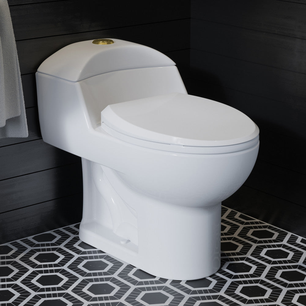 Elongated one-piece toilet with dual flush and brushed gold hardware.