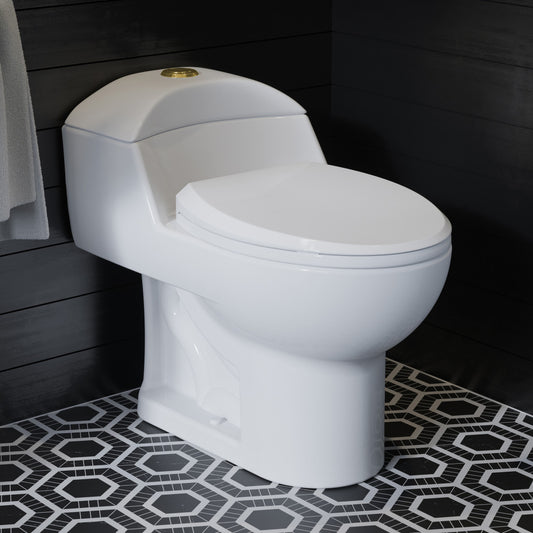 Elongated one-piece toilet with dual flush and brushed gold hardware.