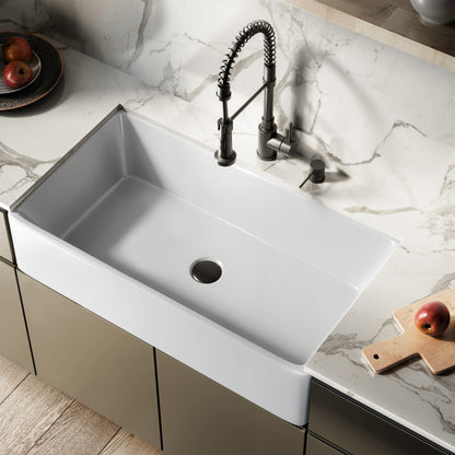 Elegance 36" x 20" Single Basin Fireclay Farmhouse Kitchen Sink in Glossy White with Stainless Steel Grid