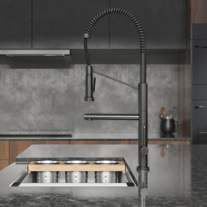 Single-handle pull-down kitchen faucet with pot filler in gunmetal gray matte finish.