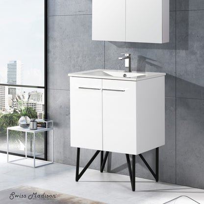 24-inch freestanding white bathroom vanity with single sink and soft-close doors.