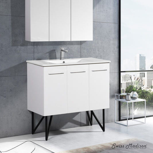 36-inch freestanding white bathroom vanity with single sink and sleek black angled legs.
