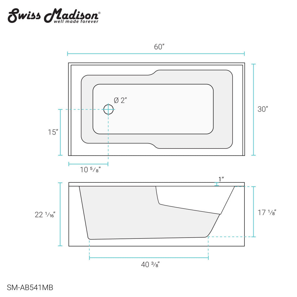 Alcove apron front soaking bathtub 60" x 30" with left-hand drain in matte black.