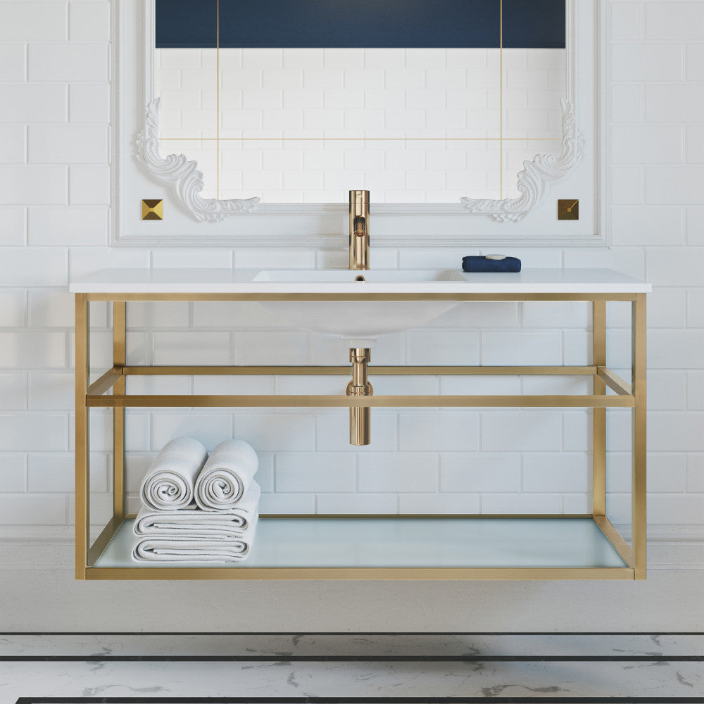 48-inch wall-mount bathroom vanity with gold metal frame, white top, and open lower shelf with towels.