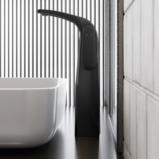 Single-handle high arc bathroom faucet in matte black, single hole installation.