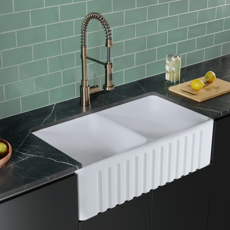 Delice 33" Double Basin Fireclay Farmhouse Kitchen Sink in Glossy White