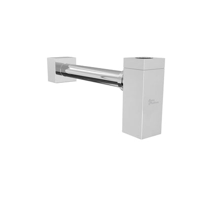 Square bottle trap drain in chrome with modern angular design for bathroom sinks.