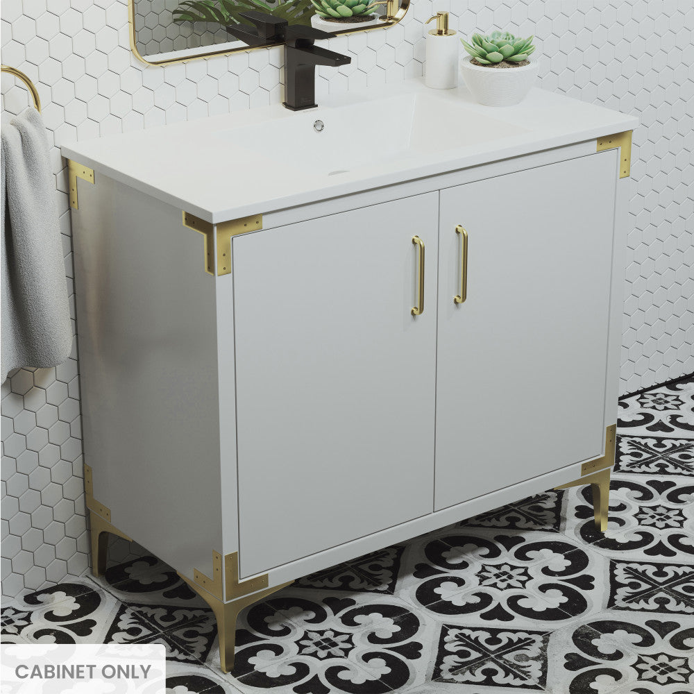36-inch freestanding white bathroom vanity cabinet with gold hardware and soft-close doors.