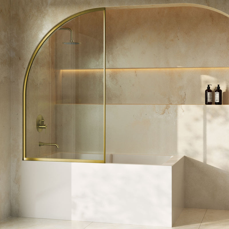 Demi 34 x 58 Framed Fixed 3/8 in. (10mm) Clear Tempered Glass Tub Door with Gold Brushed Frame