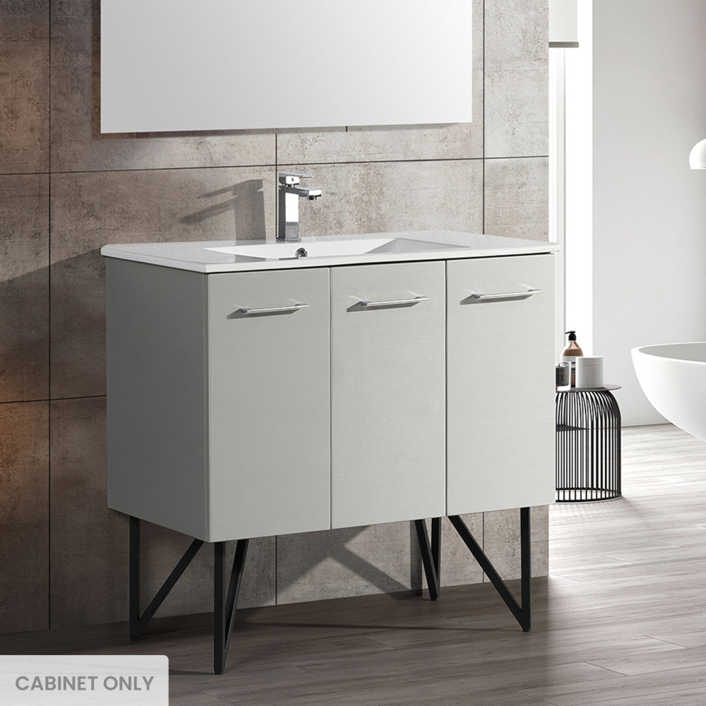 36-inch freestanding bathroom vanity in brushed gray, cabinet only, soft-close doors.