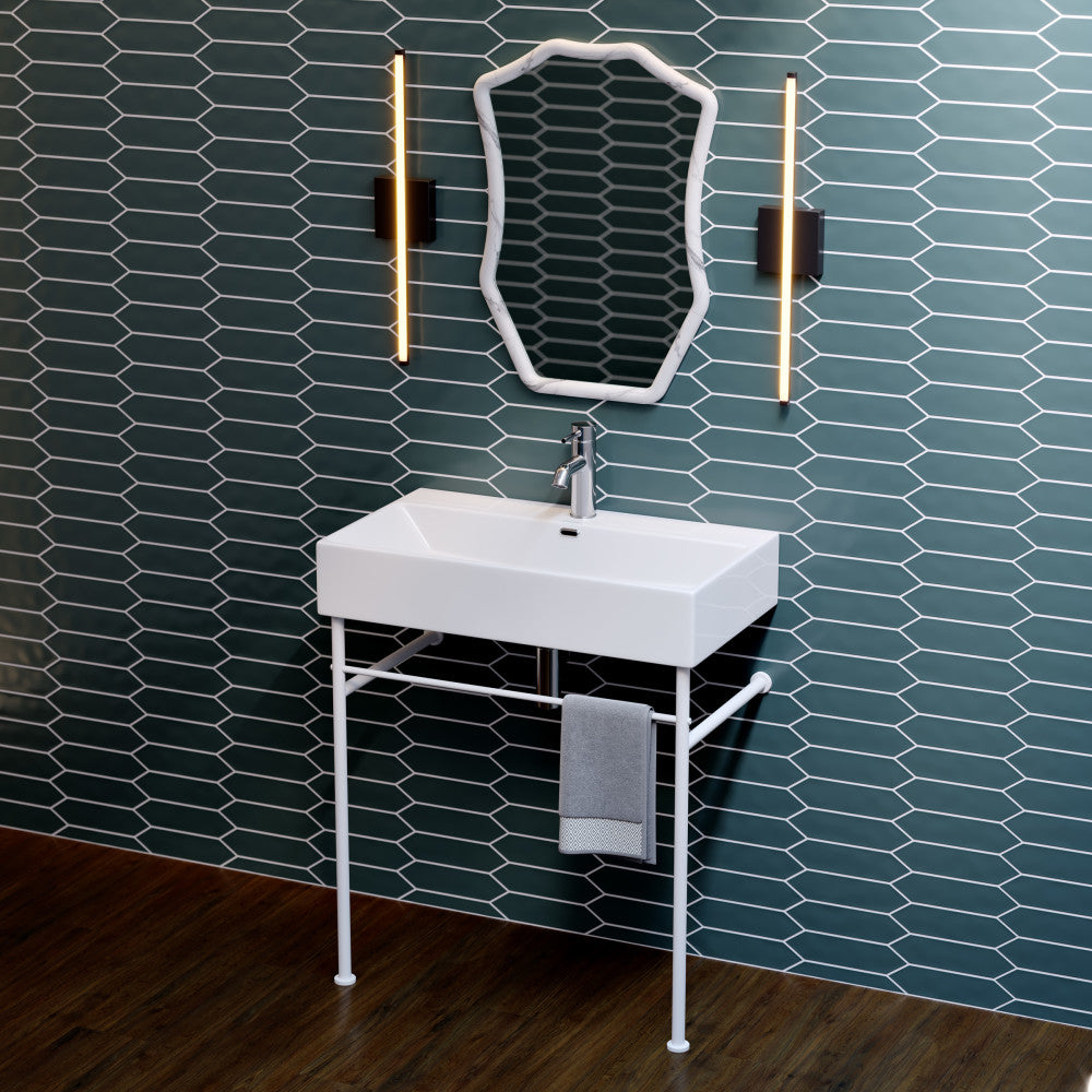 30-inch white console bathroom sink with matte white legs and single faucet hole.