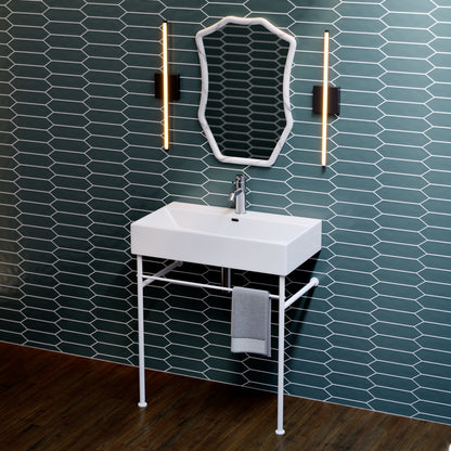 30-inch white console bathroom sink with matte white legs and single faucet hole.