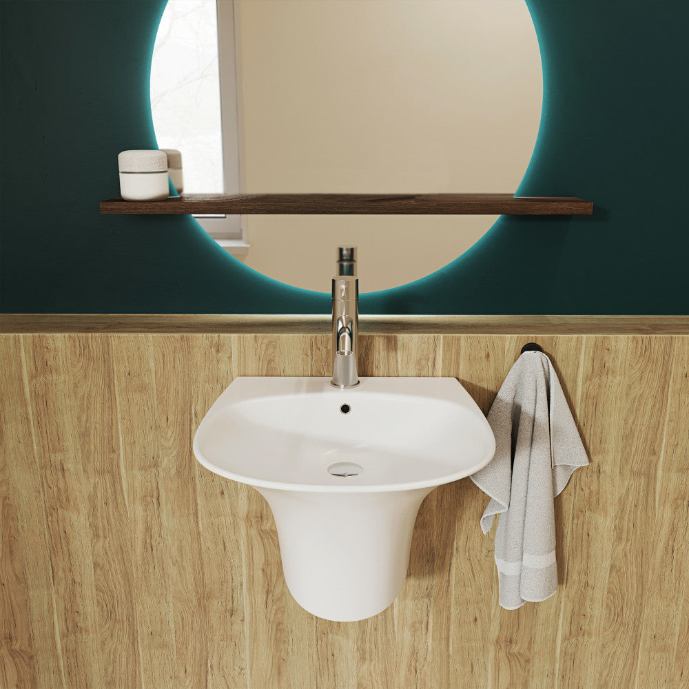 Wall-mount bathroom sink 19-inch with single-hole faucet opening, white ceramic, modern rounded basin design.
