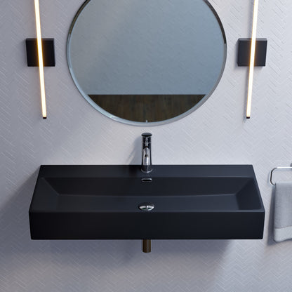 40" wall-mount rectangular bathroom sink in matte black with single faucet hole and integrated drain.