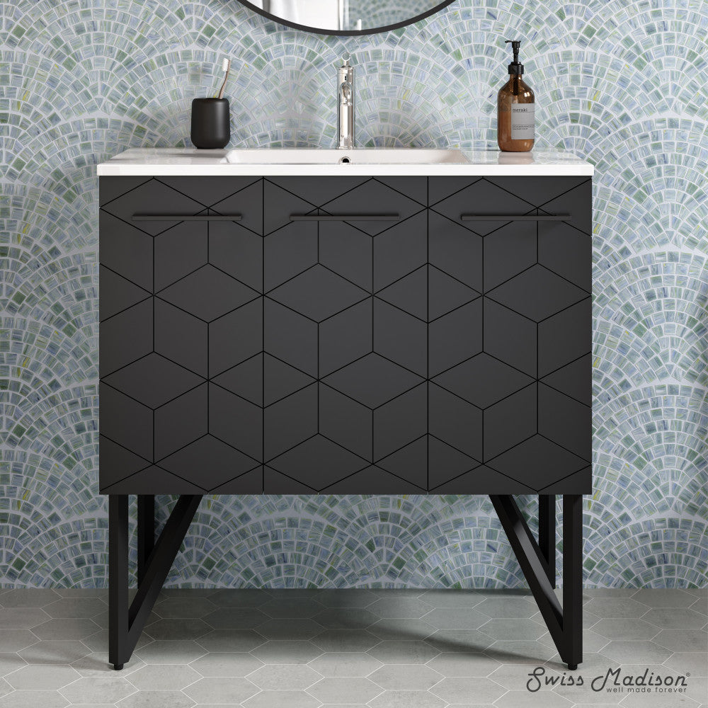 36-inch freestanding bathroom vanity in phantom black, single sink with geometric patterned doors.