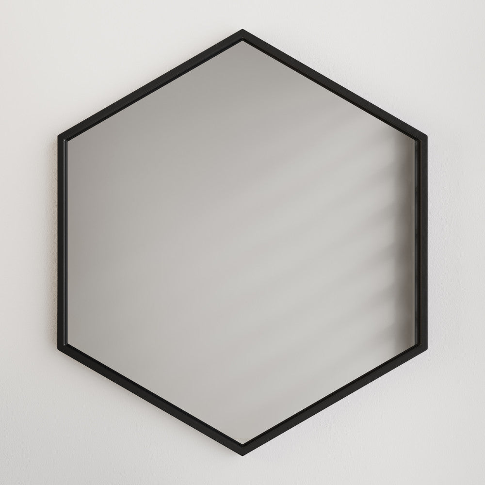 19" hexagon vanity mirror in phantom black frame, wall-mounted design.