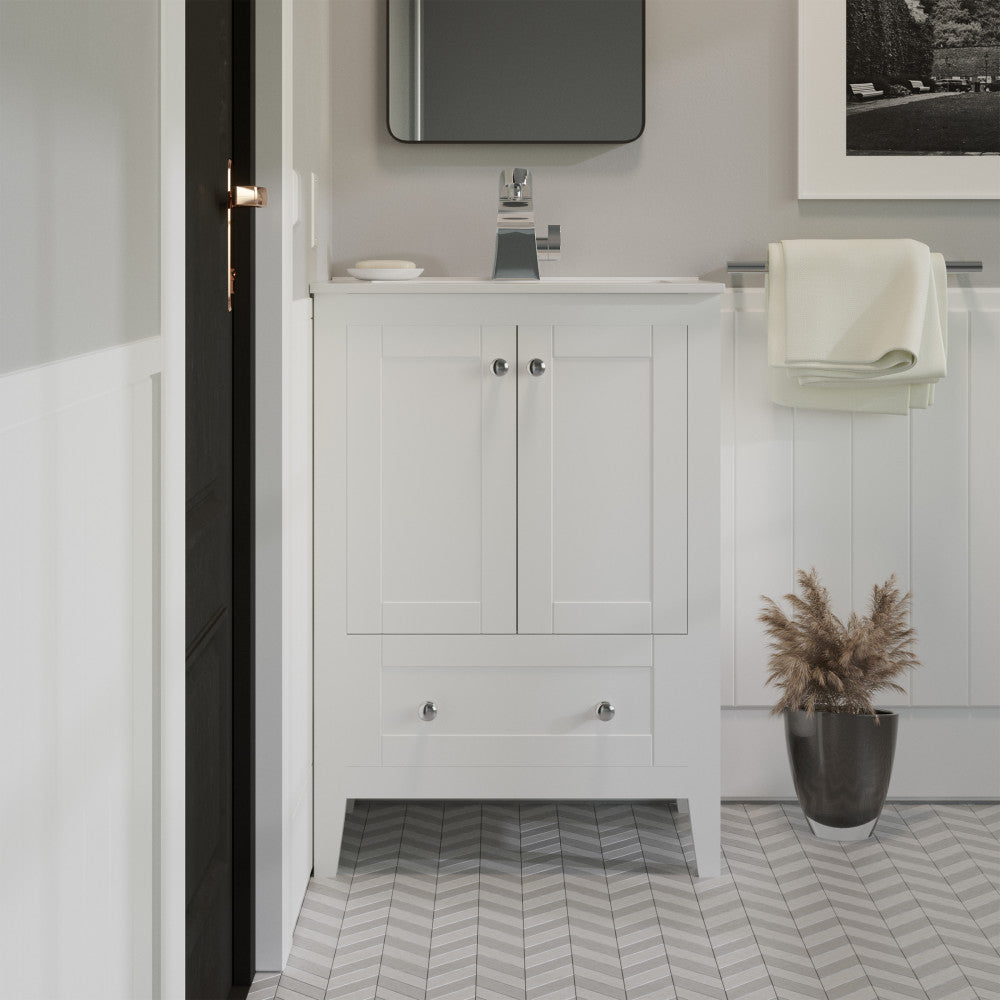 24-inch freestanding white bathroom vanity with single sink, raised panel doors, and bottom drawer.