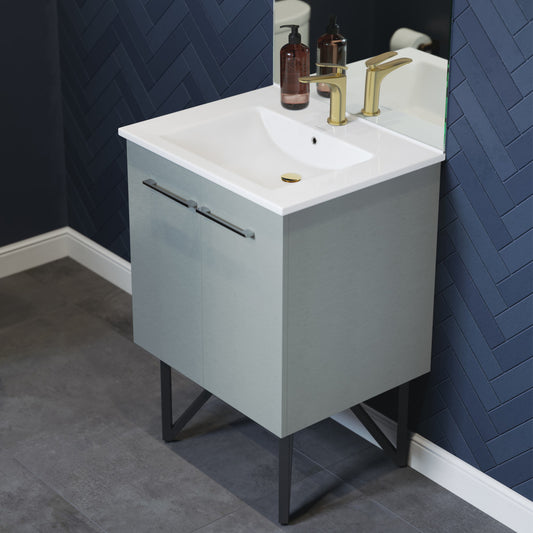 24-inch freestanding gray bathroom vanity with single sink and metal legs.