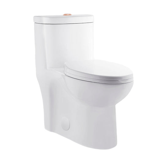 Elongated one-piece toilet with dual flush and rose gold hardware.