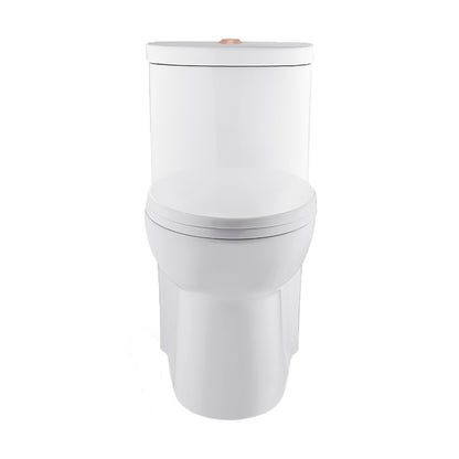 Elongated one-piece toilet with dual flush and rose gold hardware, white ceramic bowl.